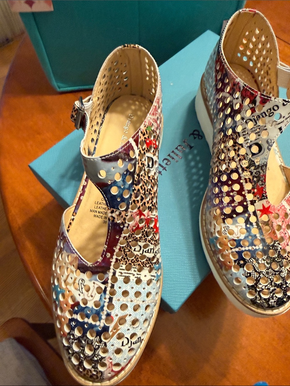 Perforated Multicolor Leather Mary-Jane Mules